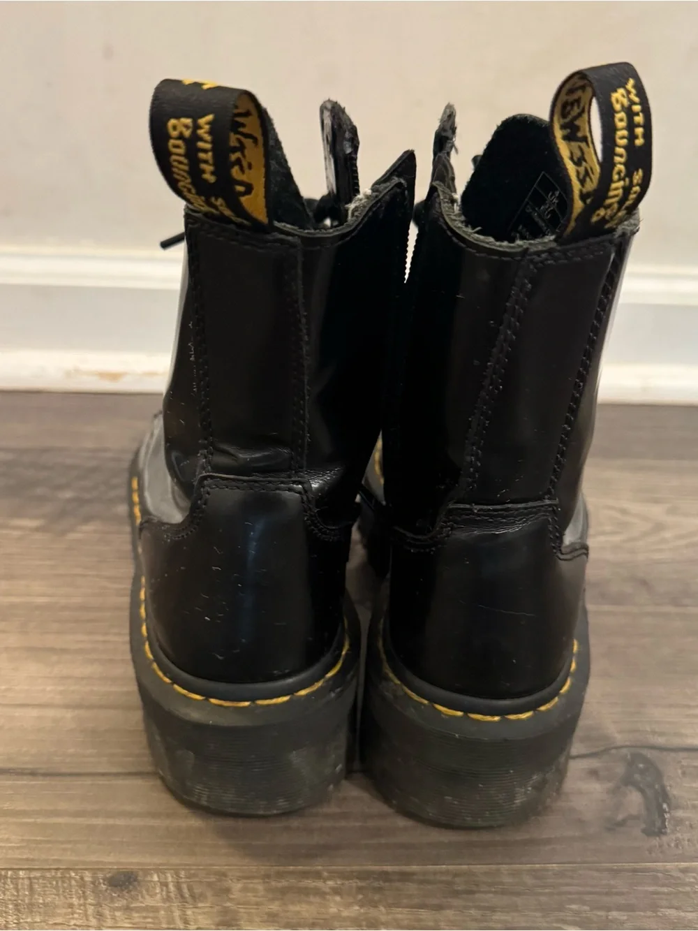 Dr. Martens Black Platform Combat Boots with Yellow Stitching